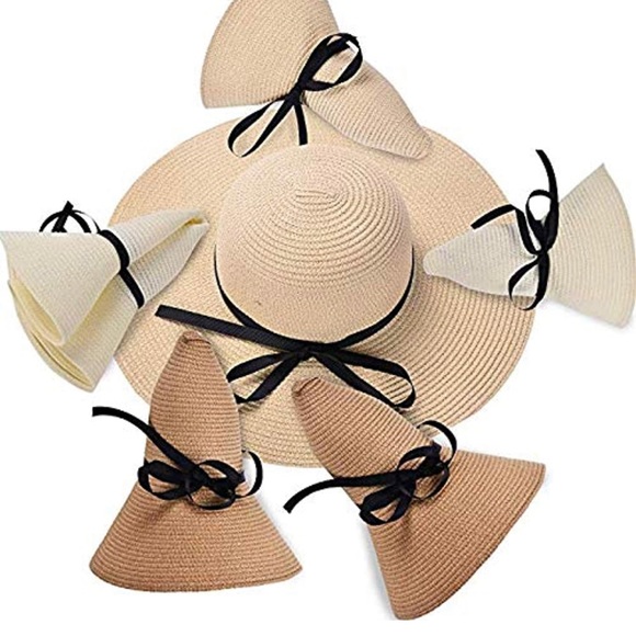 Beige Floppy Beach Straw Hat, Foldable Wide Brim with Bowknot UPF50 - Picture 6 of 7